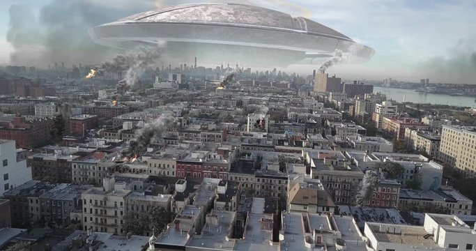 Alien Spaceship Invasion over Destroyed New York Illustration Video Compositing simulates Real footage with visual effects elements of ufo alien spacecraft Hovering over New York With Helicopters and 