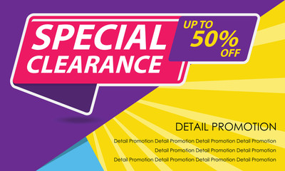Special Clearance Sale Banner Template. Discount Up to 50%. Vector Template Poster Sale Promotion.