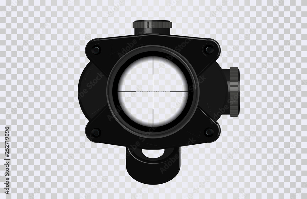 Poster Sniper scope crosshairs in realistic style. Optical sight for your project. GUI element. Vector gaming template. Military and weapon. 