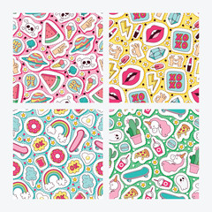 Cartoon vector seamless pattern girlish accessories lipstick icecream kids unicorn rainbow and doghnut sticker illustration colorful set of backdrop girlie background