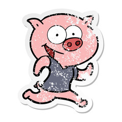 distressed sticker of a cheerful pig exercising cartoon