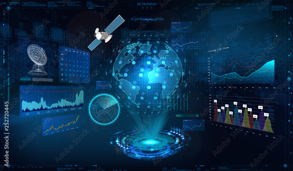 Poster Hud dashboard, UI interface, earth globe, control center, command, game, vector with graphs in HUD style. Scan earth globe 