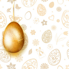 Golden Easter egg hanging on beige background of flowers, leaves, hearts and other holiday symbols