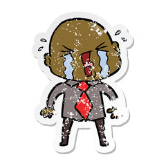 distressed sticker of a cartoon crying bald man