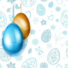 Golden and light blue Easter eggs hanging on background of flowers, leaves, hearts and other holiday symbols