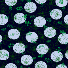 dots and green flowers on a dark blue color 