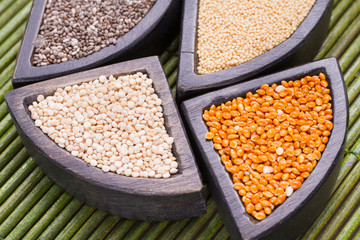 grains of super gluten-free foods: amaranth, chia, quinoa, millet