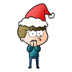 gradient cartoon of a curious boy wearing santa hat