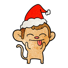 funny textured cartoon of a monkey wearing santa hat