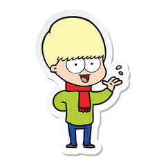 sticker of a happy cartoon boy waving