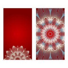 Cards Or Invitations Set With Mandala Ornament. Vector Illustration. For Wedding, Bridal, Valentine's Day, Greeting Card Invitation. Red silver color