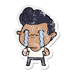 distressed sticker of a cartoon man crying
