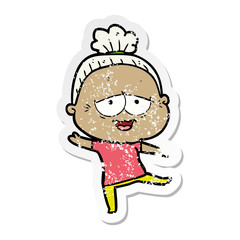 distressed sticker of a cartoon happy old lady