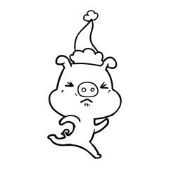 line drawing of a annoyed pig running wearing santa hat