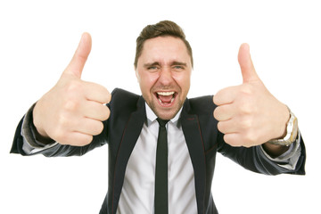 Good job! Studio shot of a happy businessman screaming with joy showing thumbs up to the camera isolated on white