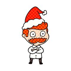 comic book style illustration of a man with mustache shocked wearing santa hat