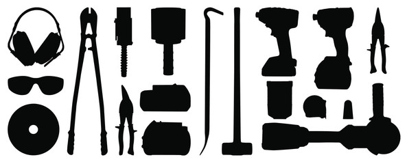 Working tools icon. Tools silhouette. Repair and construction tools collection closed on isolated white background.