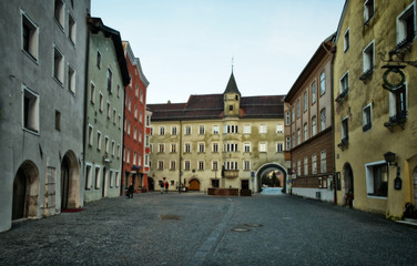 Rattenberg, Austria - january 2018: streets of picturesque Rattenberg with colored houses.