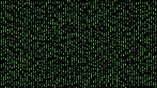 Digital matrix numbers falling down green