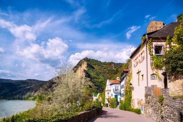 Fototapeta premium The medieval town of Dürnstein along the Danube River in the picturesque Wachau Valley, a UNESCO World Heritage Site, in Lower Austria