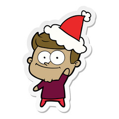 sticker cartoon of a happy man wearing santa hat
