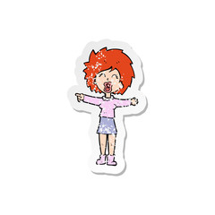 retro distressed sticker of a cartoon stressed out woman talking