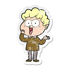 distressed sticker of a cartoon happy man