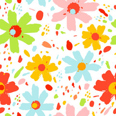 Flower seamless pattern with flowers with a brush. Blots and splashes of paint.