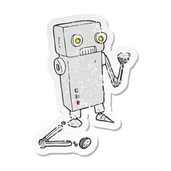 retro distressed sticker of a cartoon broken robot