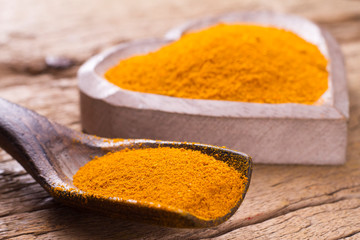 Turmeric powder on wooden background