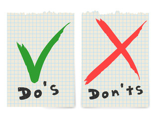 Handwritten Do and Dont check tick mark and red cross checkbox icons lettering design isolated on white background. Vector Do's and Don'ts checklist. Poor or good test result. Vector Illustration