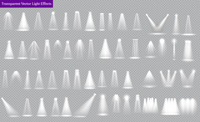 Scene illumination different shapes and projections collection, transparent special effects. Bright lighting with spotlights. - obrazy, fototapety, plakaty