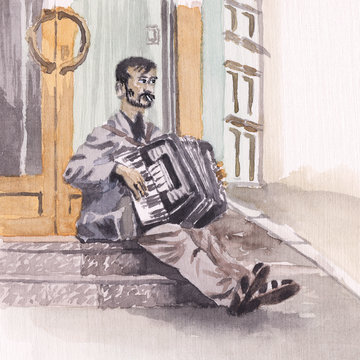 Watercolor painting - Street accordionist