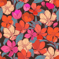 Floral seamless pattern with apple blossoms. Vector