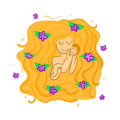  Illustration of a mother with flowers in her hair and a baby, symbolizing love and tenderness. Greeting card for Mother's Day celebration.