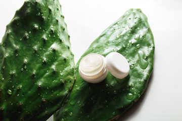 Closeup container of cream on a green leaf of a prickly pear cactus on a white background. On the cactus large drops of water.