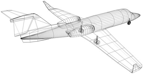 Airplane blueprint. Outline aircraft on white background. Created illustration of 3d