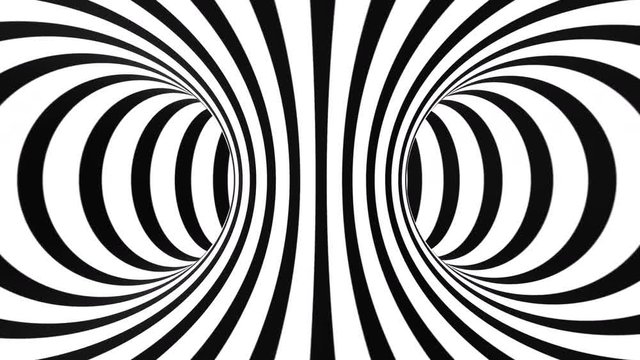 Abstract flowing striped tunnel optical illusion. Black and white lines motion pattern. Seamless loop background