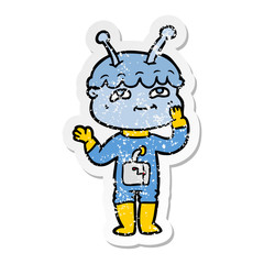 distressed sticker of a surprised cartoon spaceman