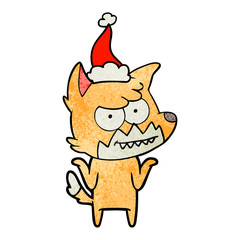 textured cartoon of a grinning fox wearing santa hat