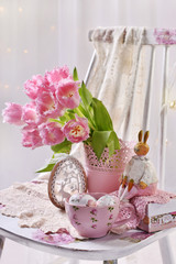 easter decoration with bunch of pink tulips
