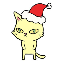 line drawing of a cat with bright eyes wearing santa hat