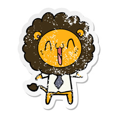 distressed sticker of a happy cartoon lion