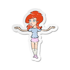 retro distressed sticker of a cartoon confused pretty girl