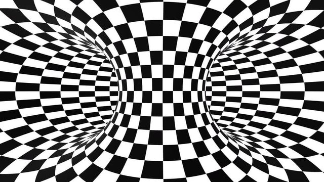 Abstract flowing checkered tunnel optical illusion. Black and white chequer motion pattern. Seamless loop background