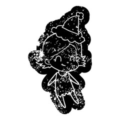 cartoon distressed icon of a friendly girl wearing santa hat