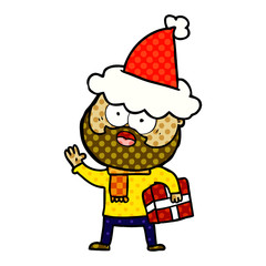 comic book style illustration of a bearded man with present wearing santa hat