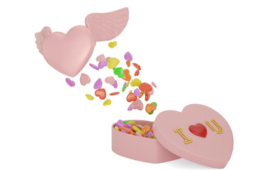 Heart with wings and box happy valentines day background. 3D illustration.
