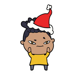 line drawing of a woman wearing santa hat