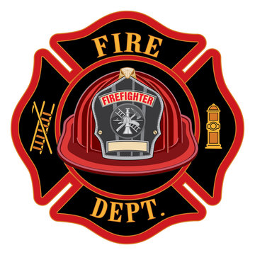 Fire Department Cross Red Helmet is an illustration of a fireman or firefighter Maltese cross emblem with a red firefighter helmet and badge containing an empty space for your text in the foreground. 
